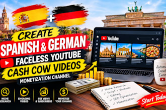create spanish and german faceless youtube cash cow videos monetization channel