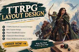 design ttrpg rulebook, rpg layout, player handbook and character sheet