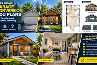 design garage conversion adu plans with elevations and 3d exterior rendering