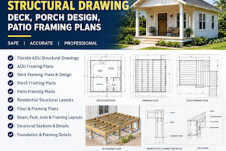 prepare florida adu structural drawing, deck, porch design, patio framing plans