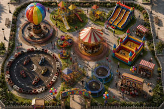 redesign 3d amusement park, kids playground layout render,cgi outdoor anime park