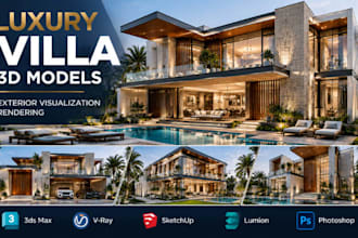 design luxury villa 3d models, exterior visualisation rendering