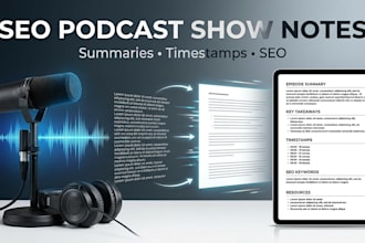 write SEO podcast show notes with timestamps and summaries