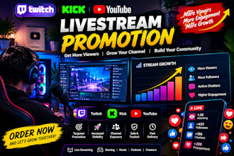 promote your twitch kick and youtube livestream to increase viewers followers