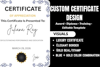 design custom certificate, award, diploma and editable certificate template