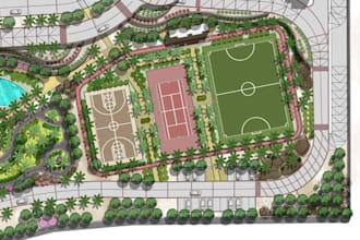 design site map resort layout, 3d outdoor sports court,walking path,parking spot