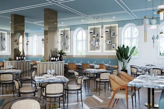 render 3d modern restaurant interior,cafe design,visualize bar, kitchen layout