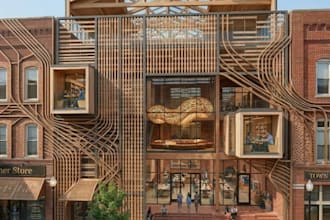 render 3d modern wooden building, for community shopping center, wooden facade