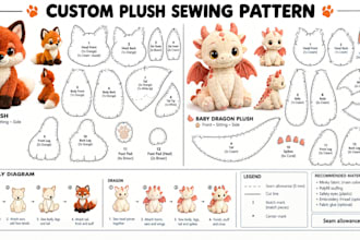 stuffed toy prototype spec sheet with plush pattern pieces and sewing guide