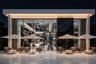 redesign abandon restaurant interior, dessert cafe layout, buffet bar rendering