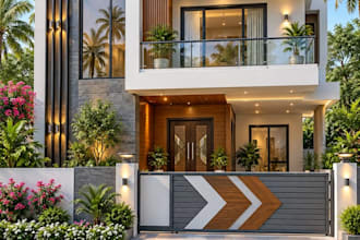 design modern house front elevation facade and realistic 3d rendering
