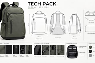 create travel bag and fashion bag flat sketches and tech packs for manufacturing