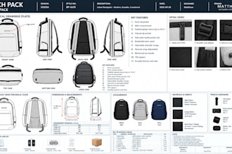 create handbag tech pack for luxury leather purses with measurements, ready