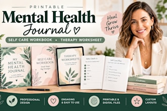 design printable mental health journal, self care workbook and therapy worksheet