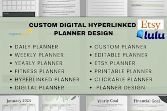 do etsy hyperlinked digital planner custom printable kdp journal, canva workbook