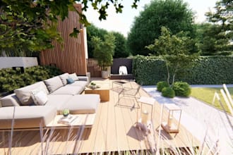 do a custom garden design, backyard, landscape and patio with 3d rendering