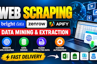 do web scraping on bright data, zenrow, data mining, apify and data extraction