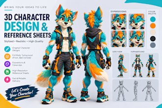 create a 3d character, 3d furry reference sheet or fursona turnaround for you