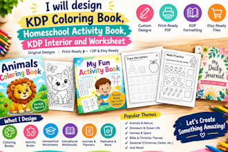 design KDP coloring book, homeschool activity book, KDP interior and worksheet