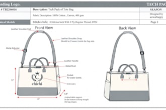 design bag tech pack, duffle bag , tote bag and technical drawing for production