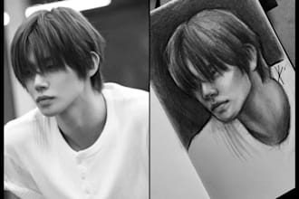 create a graphite or color portrait by hand, digital scan