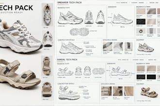 create sneaker running shoe, boot sandal heel loafer tech pack for manufacturing