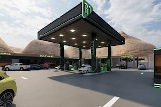 3d fuel station,ev charging,waiting lounge,cgi car wash,detailing area rendering