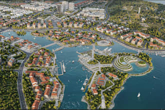 visualize 3d coastal real estate,urban master plan,canal waterfront,aerial view