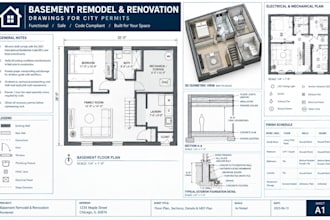 draft basement remodel and renovation drawings for city permits