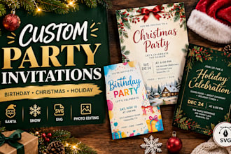 design themed birthday and party invitations, edits santa svg logo snow hat cozy