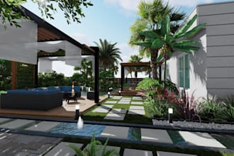 do backyard landscape design with pool, patio, garden and 3d rendering