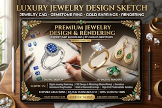 luxury jewelry design sketch jewelry cad gemstone ring gold earrings rendering
