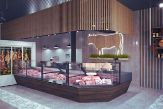 create 3d butcher shop design, meat shop interior, butcher store, meat shop