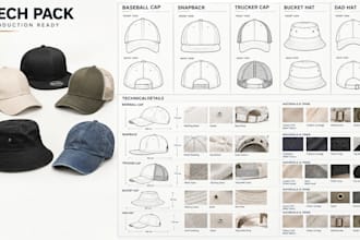 create baseball cap, 5 panel, snapback trucker bucket hat and dad hat tech packs