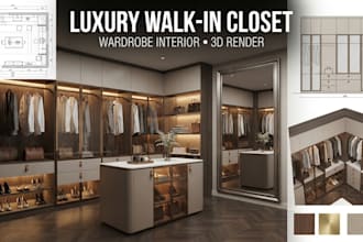design luxury walk in closet wardrobe interiors with realistic 3d renders