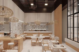 skp 3d modern restaurant interior, cafe lounge layout,cgi bakery,revit rendering
