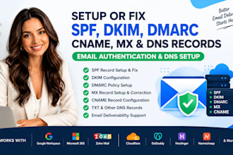 set up or fix spf, dkim, dmarc, cname, mx and dns records