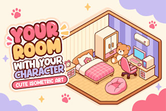 draw your room and character in my cute isometric art style