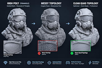 do professional 3d retopology, clean quad topology and game ready optimization