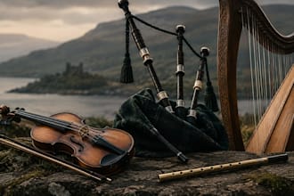 record traditional celtic fiddle, bagpipes, tin whistle and harp