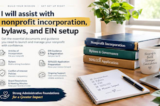 assist with nonprofit incorporation bylaws and ein setup
