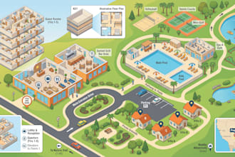 design a hotel map, vacation map, property map, site map, and location map