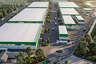 design logistic hub exterior, distribution warehouse,industrial complex siteplan