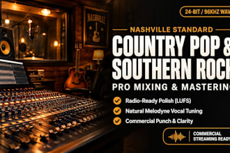 mix and master modern country pop, southern rock songs and bro country song