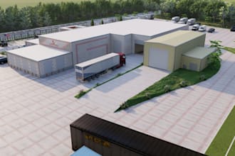 render 3d storage facility, factory,driveway design,facility layout,exterior cgi