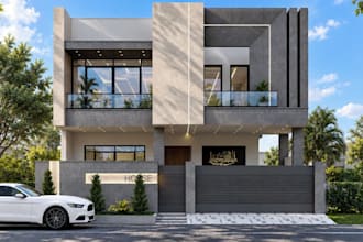 produce arabic style villa facade,cgi exterior hero shot,narrow plot home render
