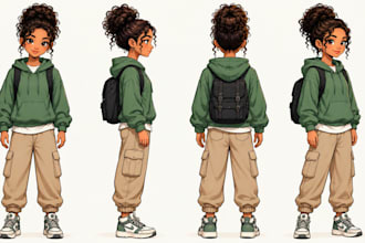 draw a hand drawn character turnaround, poses and expression sheet