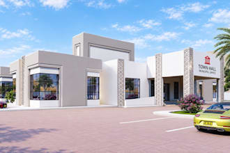 create photorealistic 3d commercial building facade exterior rendering