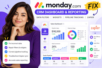 fix monday CRM dashboard reporting data filters widgets pipeline tracking zapier