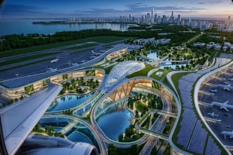 3d airport terminal design, airport landscape, airport layout and 3d rendering